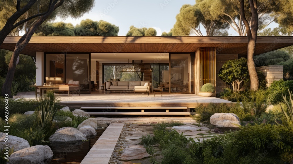Modern ranch style minimalist cube house with terrace and landscaping design front yard. Residential architecture exterior Modern ranch style minimalist cube house with terrace and landscaping design front yard. Residential architecture exterior
