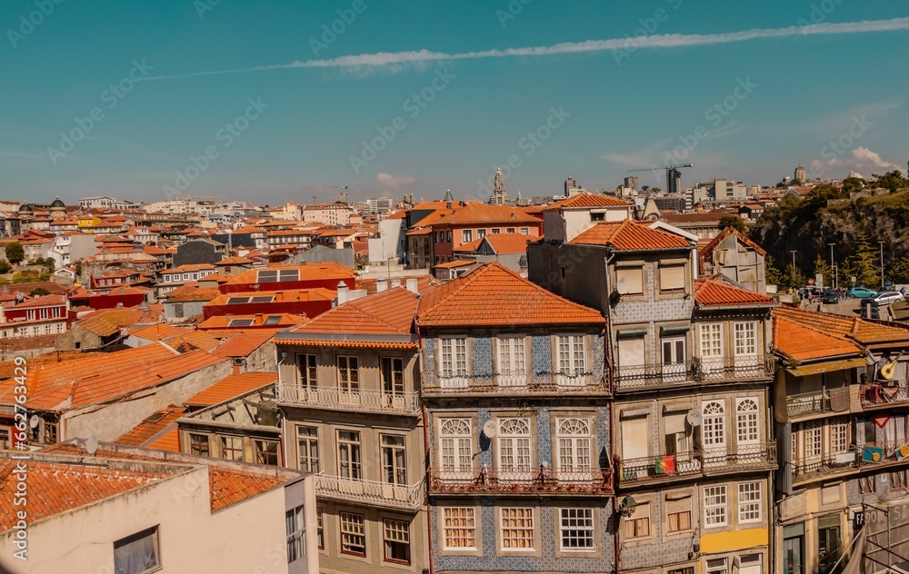 Aerial view of Ribeira District in Porto, Portugal at a beautiful sunset Aerial view of Ribeira District in Porto, Portugal at a beautiful sunset