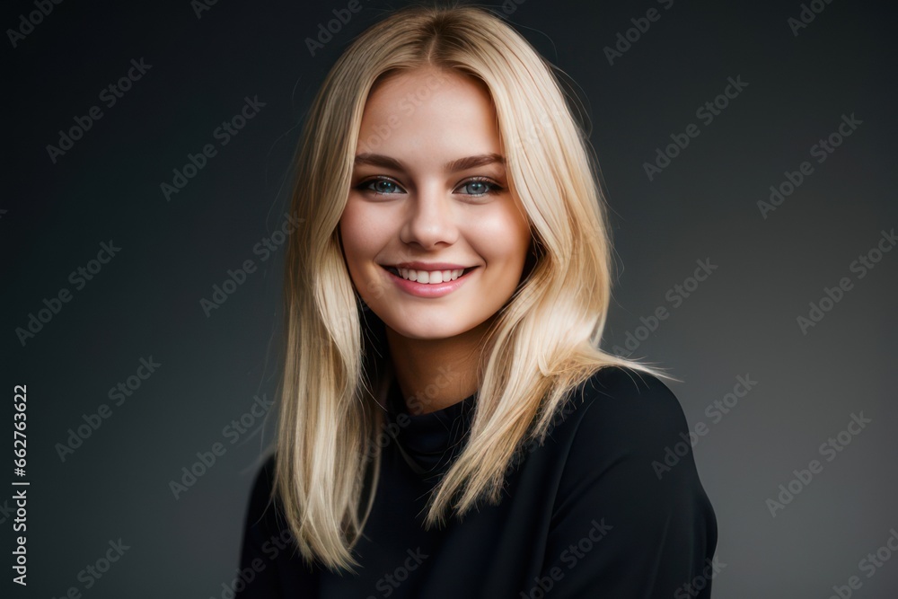 Portrait beautiful blonde model young woman with white teeth smile, healthy long hair and beauty skin. Concept of advertising dentist and facial care. Generative AI Portrait beautiful blonde model young woman with white teeth smile, healthy long hair and beauty skin. Concept of advertising dentist and facial care. Generative AI