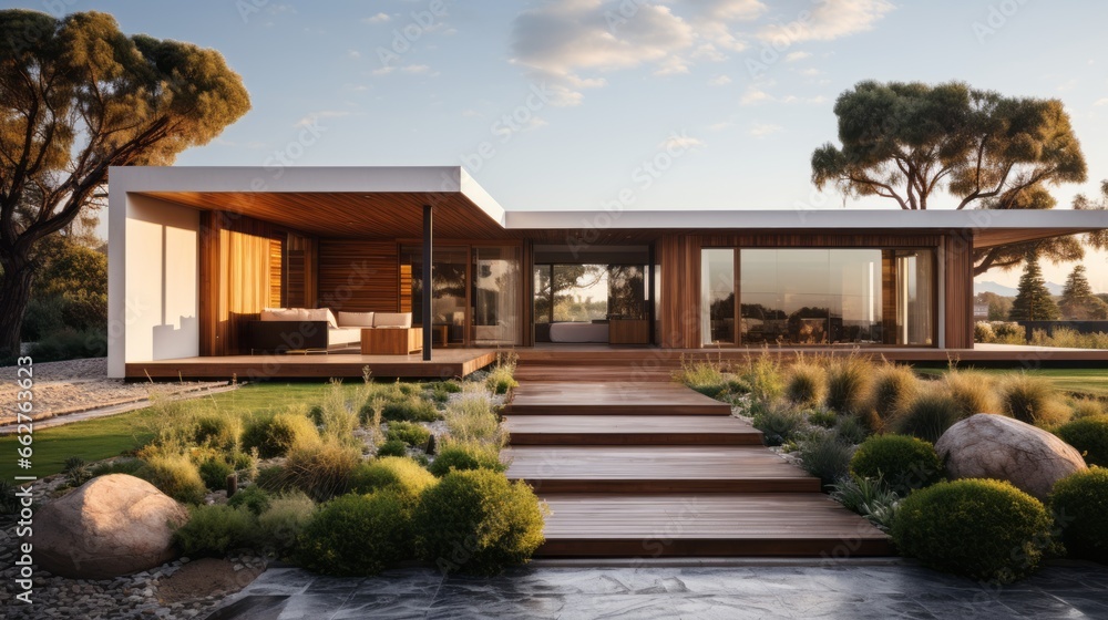 Obraz premium Modern ranch style minimalist cube house with terrace and landscaping design front yard. Residential architecture exterior