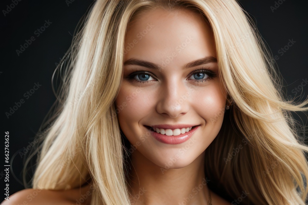 Portrait beautiful blonde model young woman with white teeth smile, healthy long hair and beauty skin. Concept of advertising dentist and facial care. Generative AI