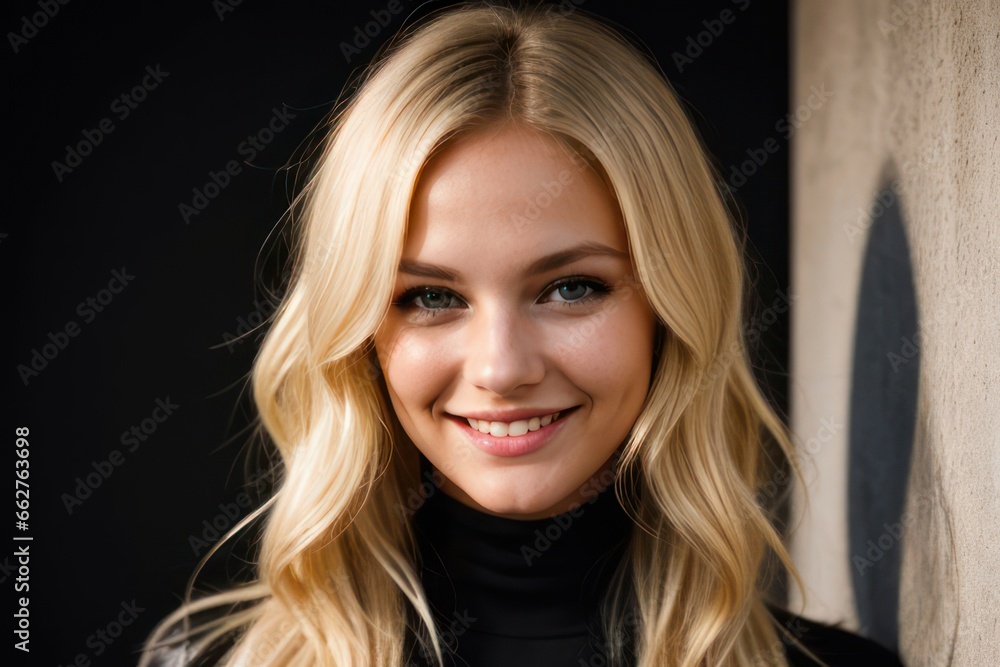 Portrait beautiful blonde model young woman with white teeth smile, healthy long hair and beauty skin. Concept of advertising dentist and facial care. Generative AI Portrait beautiful blonde model young woman with white teeth smile, healthy long hair and beauty skin. Concept of advertising dentist and facial care. Generative AI