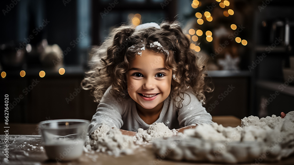 Happy funny little girl bake christmas cookies on cozy kitchen at home . Design ai