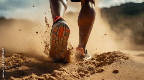 Trail runner sport shoes swiftly Running on a dusty Trail, showing determination and speed © Keitma
