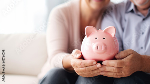 Retirement dreams with senior couple's hands holding a pink piggy bank symbolizing their shared commitment to saving for future and retirement pension