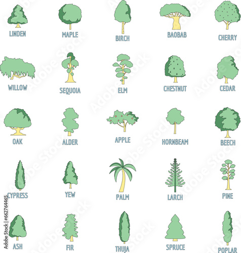 Tree types icons set. Outline illustration of 25 tree types vector icons thin line color flat on white
