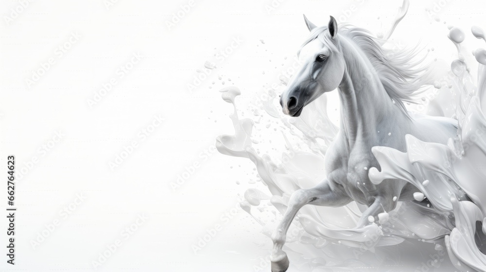 White horse with splashes of milk on white background - obrazy, fototapety, plakaty 