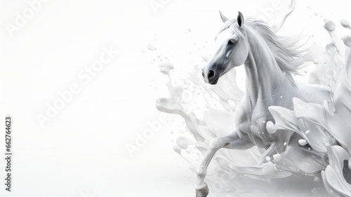 White horse with splashes of milk on white background photo
