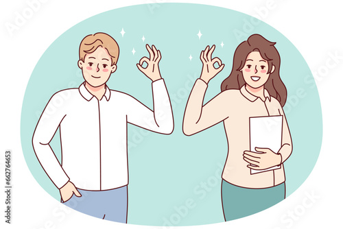 Smiling people showing ok sign with hands. Happy man and woman demonstrate approval gesture, say all right. Vector illustration.