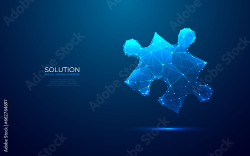 Digital single puzzle. Technology light jigsaw piece on blue background. Low poly wireframe vector illustration in futuristic hologram style. Abstract business solution metaphor. Monochrome blue 