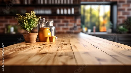 Empty wooden tabletop  bokeh view of modern kitchen interior. Product and food display Generative ai