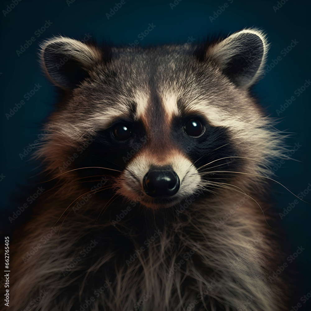 Portrait of a raccoon on a dark blue background. Studio shot. Portrait of a raccoon on a dark blue background. Studio shot.