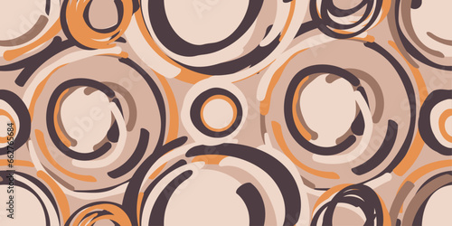 Boho circles in brown or cappuccino color. Seamless boho pattern. Blot circles, seamless stylish pattern of abstract rings, in boho style.