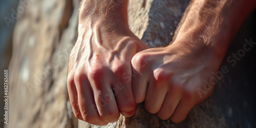 Close-up of a climber's hands after scaling a cliff. photo