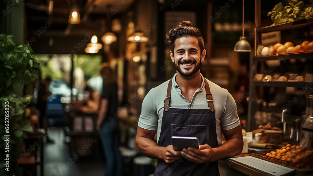 Fototapeta premium Portrait of happy man standing at doorway of her store. Cheerful mature waitress waiting for clients at coffee shop with didital tablet. Successful small business owner Generative ai