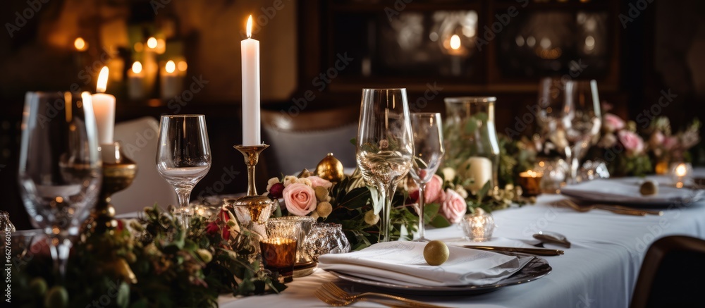 Elegantly adorned chalet wedding table with candles fireplace room banquet dinner With copyspace for text Elegantly adorned chalet wedding table with candles fireplace room banquet dinner With copyspace for text