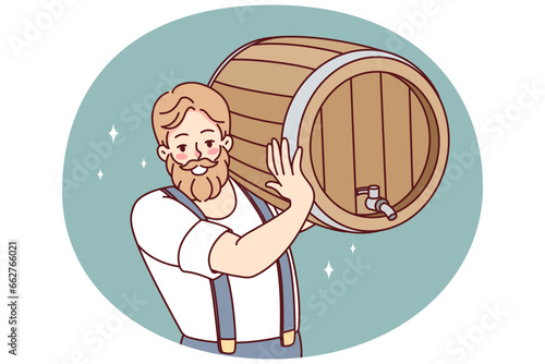 Bearded man carrying beer barrel. Smiling male barmen or waiter holding cask with alcoholic drink. Vector illustration.