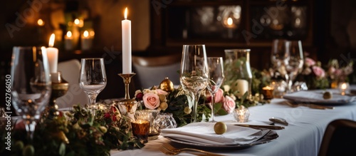 Elegantly adorned chalet wedding table with candles fireplace room banquet dinner With copyspace for text