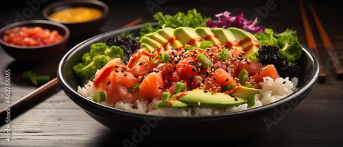 Hawaiian Poke Bowl with Tuna, Salmon, Shrimp, and Avocado photo