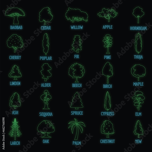 Tree types icons set. Outline illustration of 25 tree types vector icons neon color on black