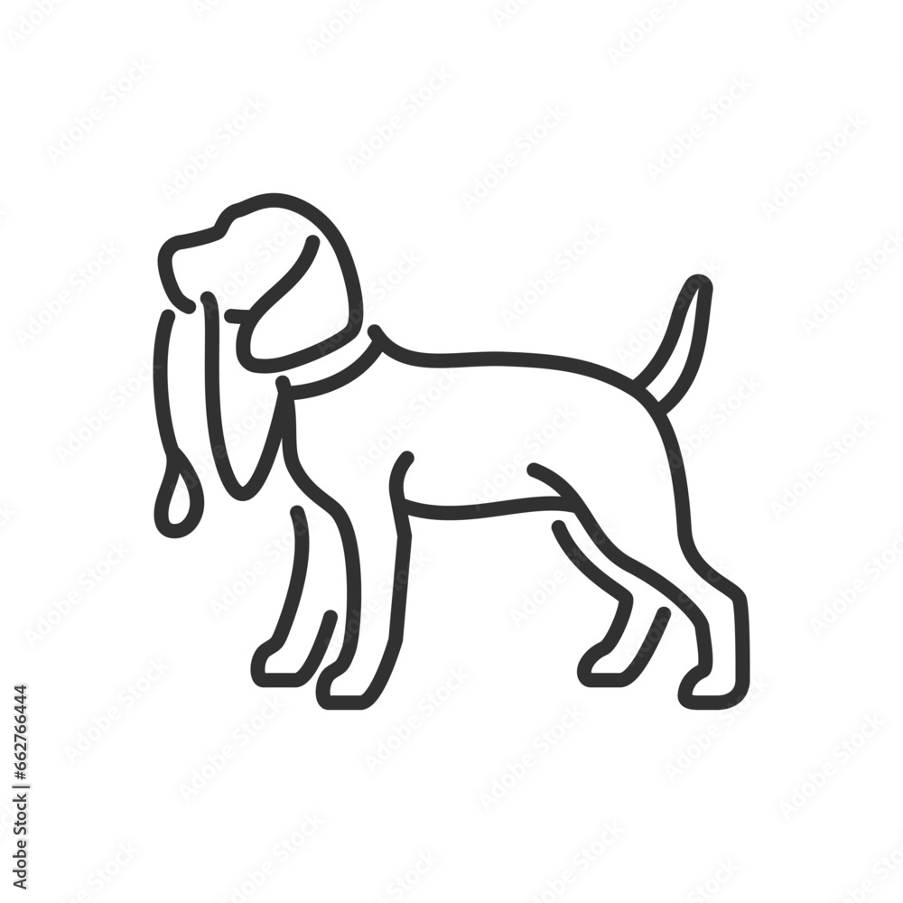 Dog with a leash in his teeth, linear icon. Dog wants to go for a walk. Line with editable stroke
