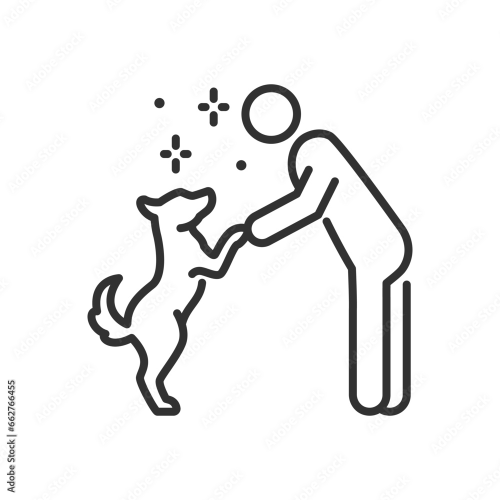Person and dog are best friends, linear icon. Line with editable stroke