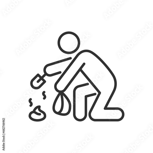 Cleaning up feces after an animal in the street, linear icon. Line with editable stroke