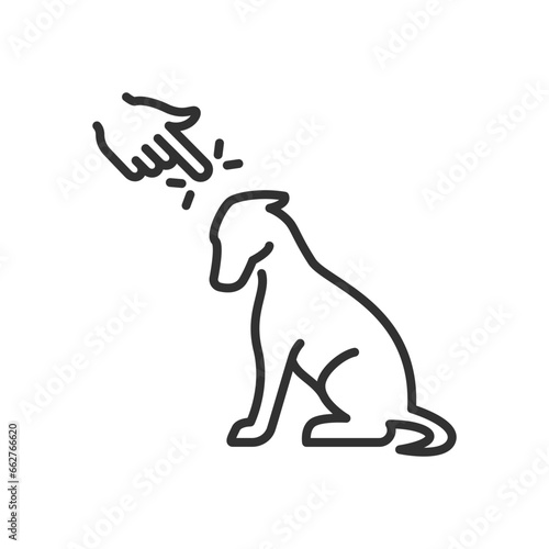Scolding the dog, linear icon. Owner reprimands a misbehaving pet. Line with editable stroke