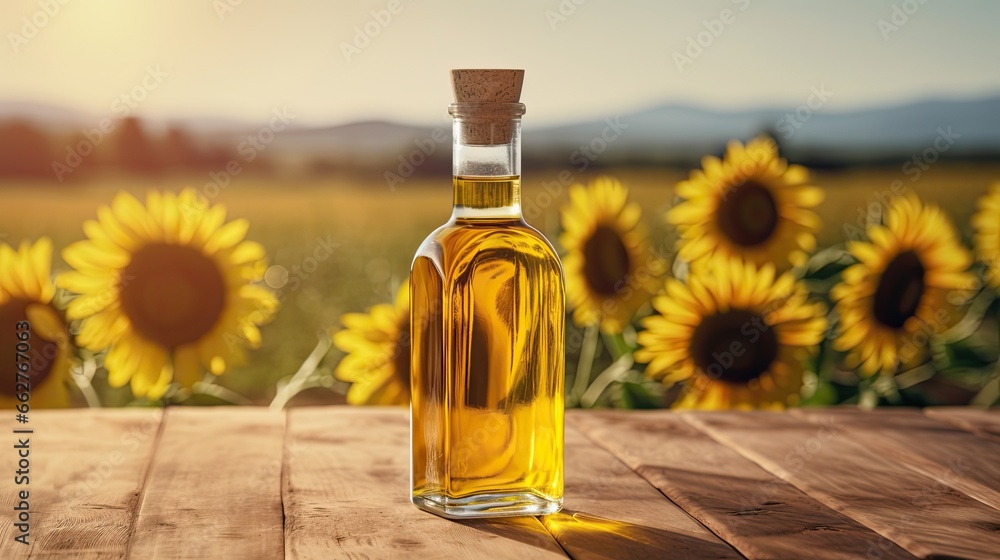 A transparent bottle of oil stands on a wooden table. Against the background of a field of sunflowers. Sunflower oil in a bottle - obrazy, fototapety, plakaty 