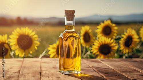 A transparent bottle of oil stands on a wooden table. Against the background of a field of sunflowers. Sunflower oil in a bottle