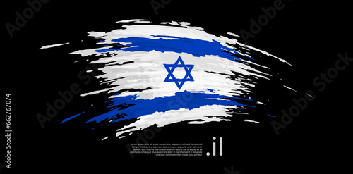 Israel flag. Brush painted israeli flag on a black background. Brush strokes, grunge. Vector design national poster, template. Place for text.  State patriotic banner of israel, cover. Copy space