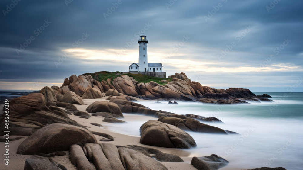 phare de signalisation maritime côtière, bord de mer avec plage et rochers, ciel couvert