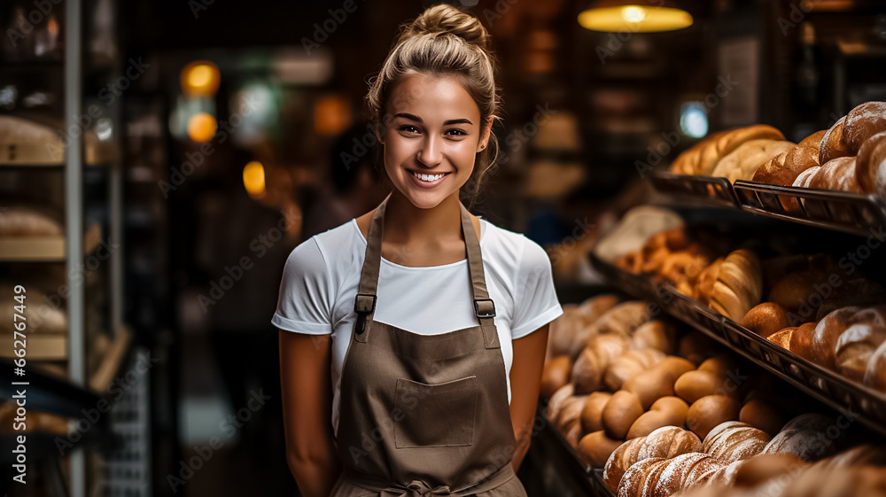 Portrait of a happy woman standing on the doorstep of her shop. Cheerful young saleswoman is waiting for bakery customers. A successful small business owner Generative Ai
