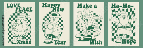 Groovy retro cartoon characters Merry Christmas in monochrome style. Modern 60s-80s vector illustration.
