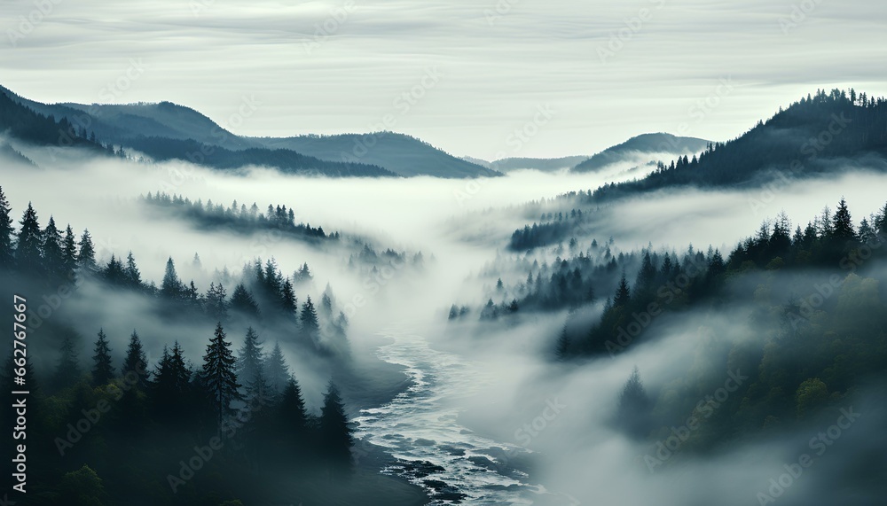 Fog over the mountains. Fog over the trees. Nordic landscape. Rocky landscape full of trees. Moody lightning