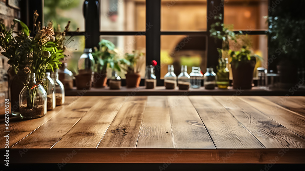 Empty wooden tabletop, bokeh view of modern kitchen interior. Product and food display Generative ai Empty wooden tabletop, bokeh view of modern kitchen interior. Product and food display Generative ai