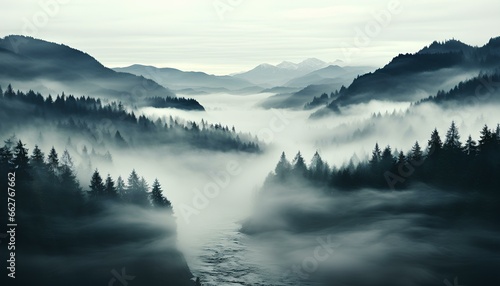 Fog over the mountains. Fog over the trees. Nordic landscape. Rocky landscape full of trees. Moody lightning © Divid