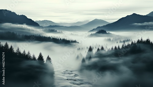 Fog over the mountains. Fog over the trees. Nordic landscape. Rocky landscape full of trees. Moody lightning