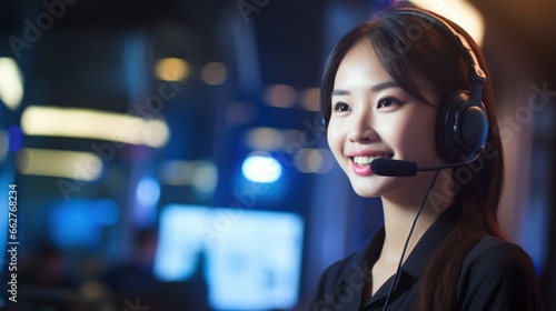 A portrait of happy Call center with head phone smile.