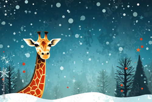 Christmas illustration of a giraffe in winter © Yoshimura