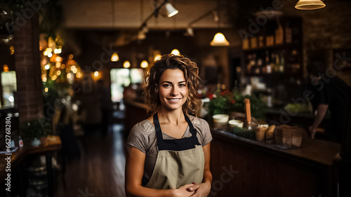 Portrait of happy woman standing at doorway of her store. Cheerful mature waitress waiting for clients at coffee shop with didital tablet. Successful small business owner Generative ai