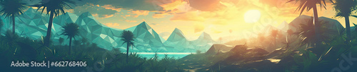A tranquil polygonal landscape unfolds  with majestic mountains.