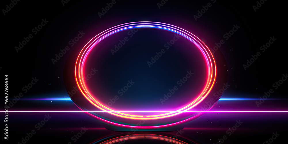 A luminous neon circle dominates the dark scene, its undulating lights. A luminous neon circle dominates the dark scene, its undulating lights.
