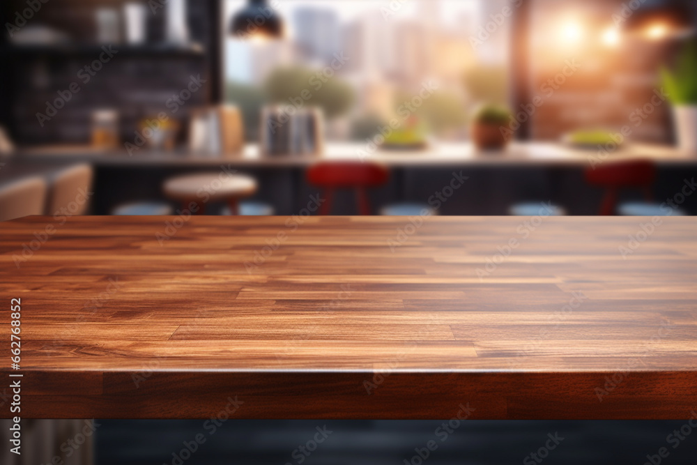 Top of surface wooden table with blurred modern kitchen background.