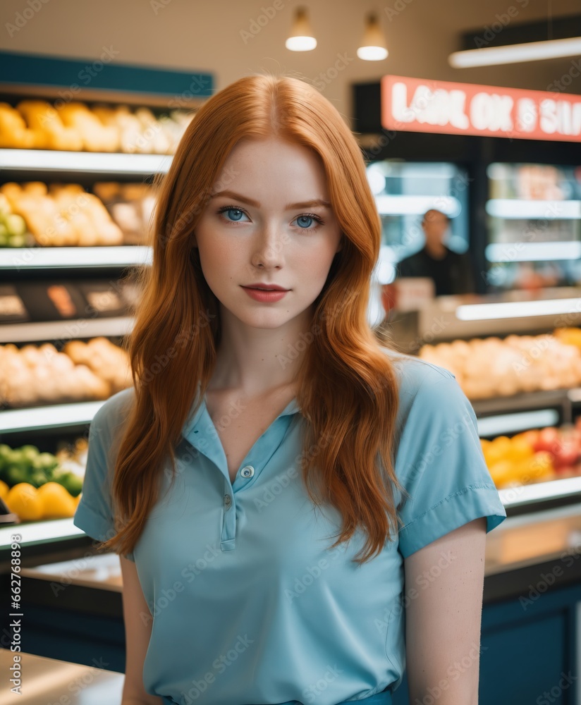 a woman with red hair standing in a store aisle 