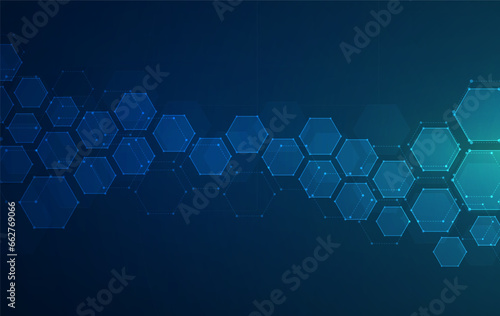 Hexagons pattern on blue background. Genetic research, molecular structure. Chemical engineering. Concept of innovation technology. Used for design healthcare, science and medicine background
