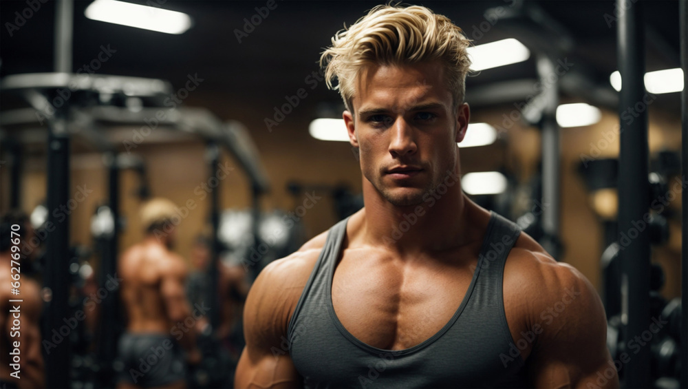 Attractive shirtless male bodybuilder in shorts showing muscular torso and posing at gym. Attractive shirtless male bodybuilder in shorts showing muscular torso and posing at gym.