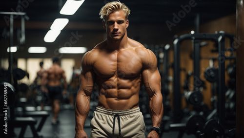 Attractive shirtless male bodybuilder in shorts showing muscular torso and posing at gym.