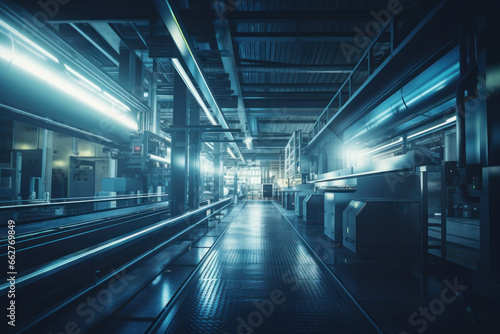 Industrial factory equipment in futuristic blue lights