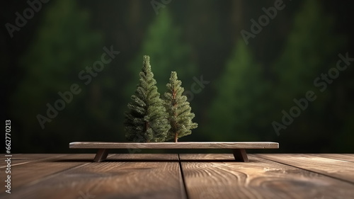 Two little green fir trees on wooden table top. Copy space photo